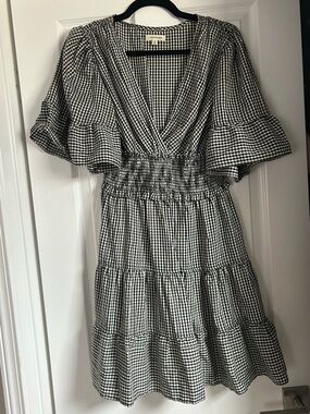 Max Studio Black & White Gingham V-Neck Tiered Mini Dress